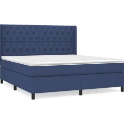 Łóżko kontynentalne z materacem, niebieskie, tkanina, 160x200cm