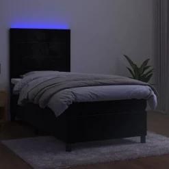 Łóżko kontynentalne z materacem i LED czarny aksamit 80x200