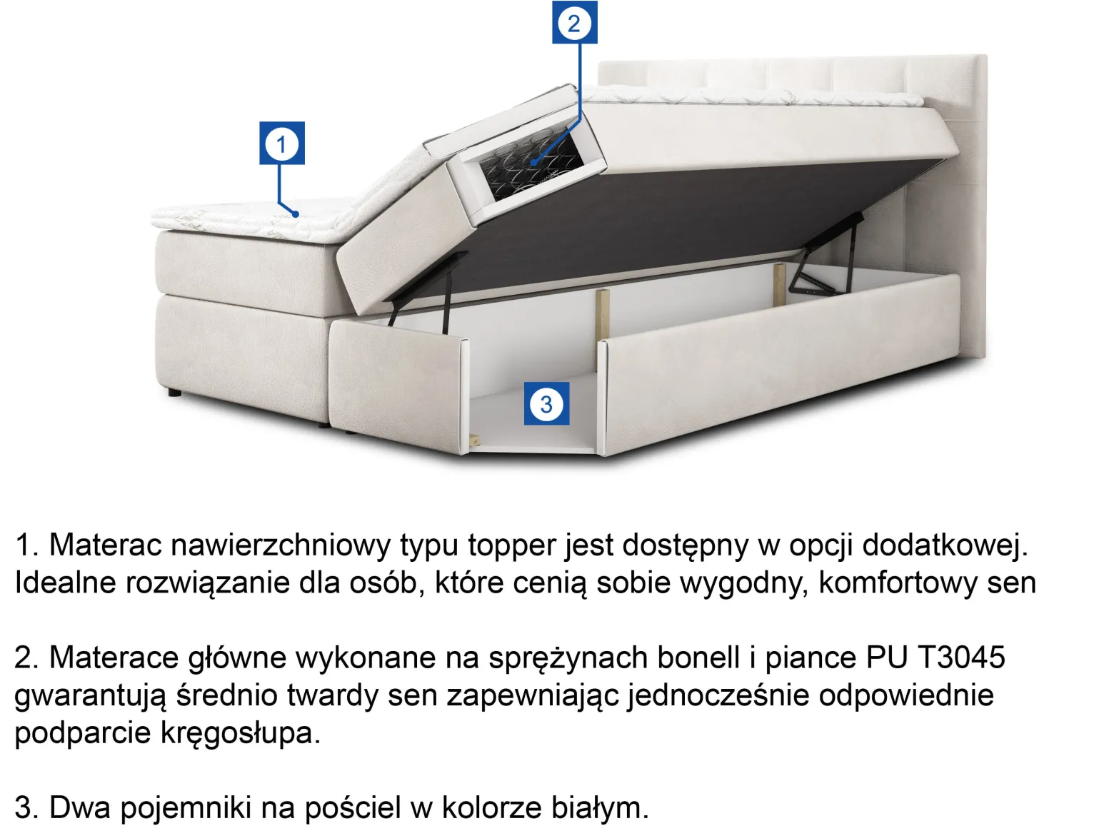 Łóżko kontynentalne z pojemnikami MALMO 140x200 cm na sprężynach beżowe