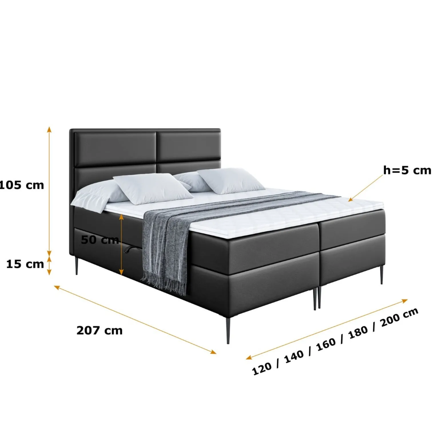 Łóżko kontynentalne z pojemnikiem, materacem i nóżkami AURA-FC 120x200 cm