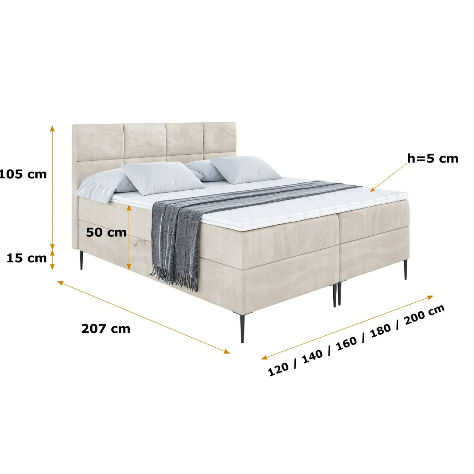 Łóżko kontynentalne z pojemnikiem, materacem i nóżkami ARDENI-FC 120x200 cm