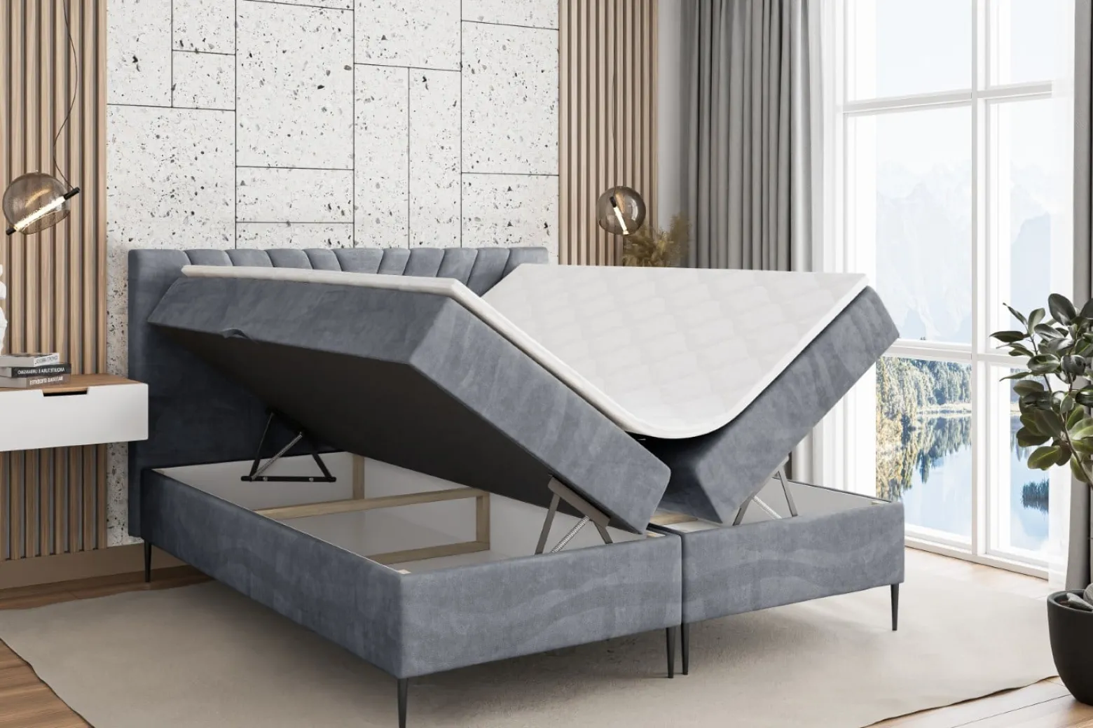 Łóżko kontynentalne z pojemnikiem, materacem i nóżkami ERNINA-FC 120x200 cm