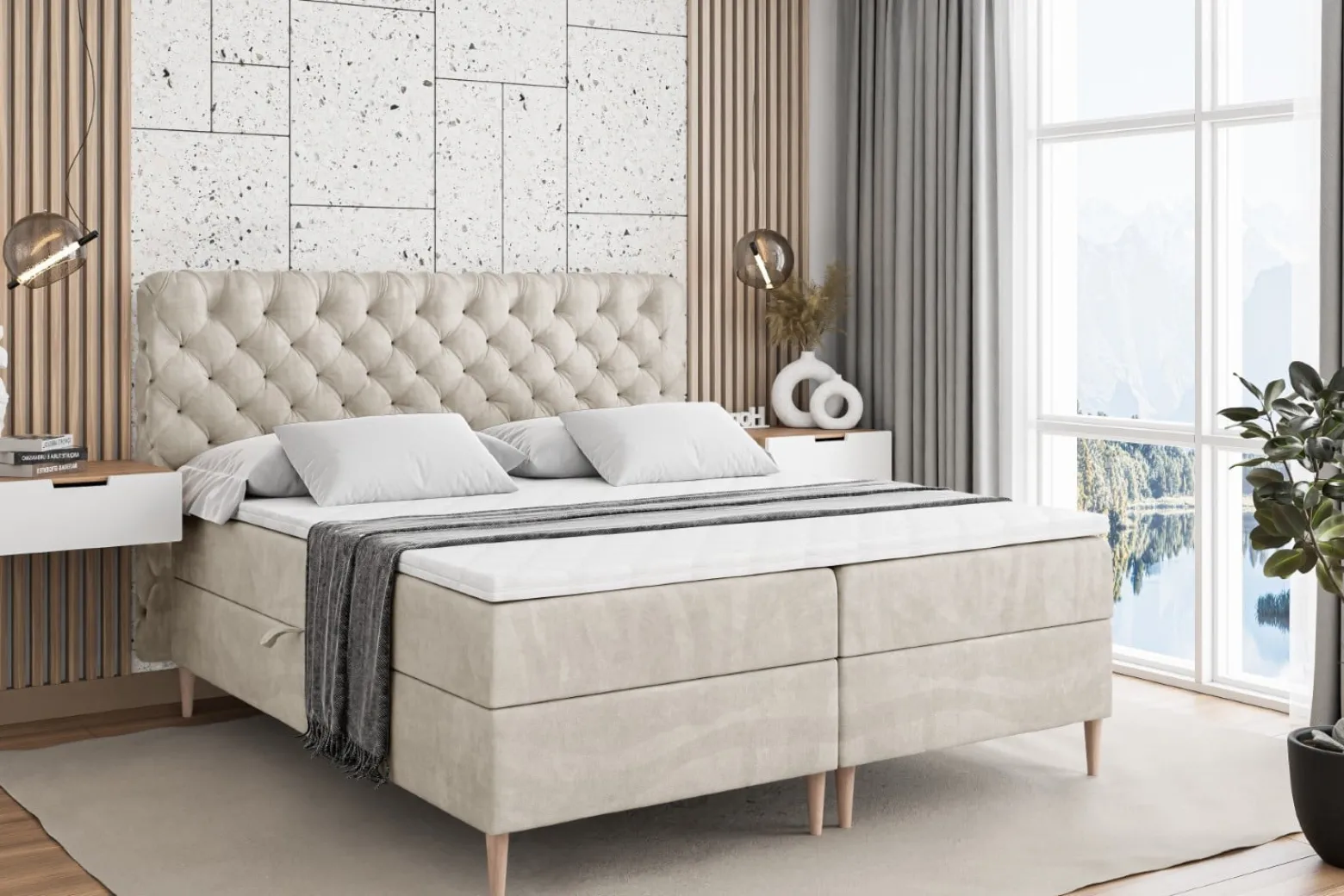 Łóżko kontynentalne z pojemnikiem, materacem i nóżkami BOXI8-FD 120x200 cm