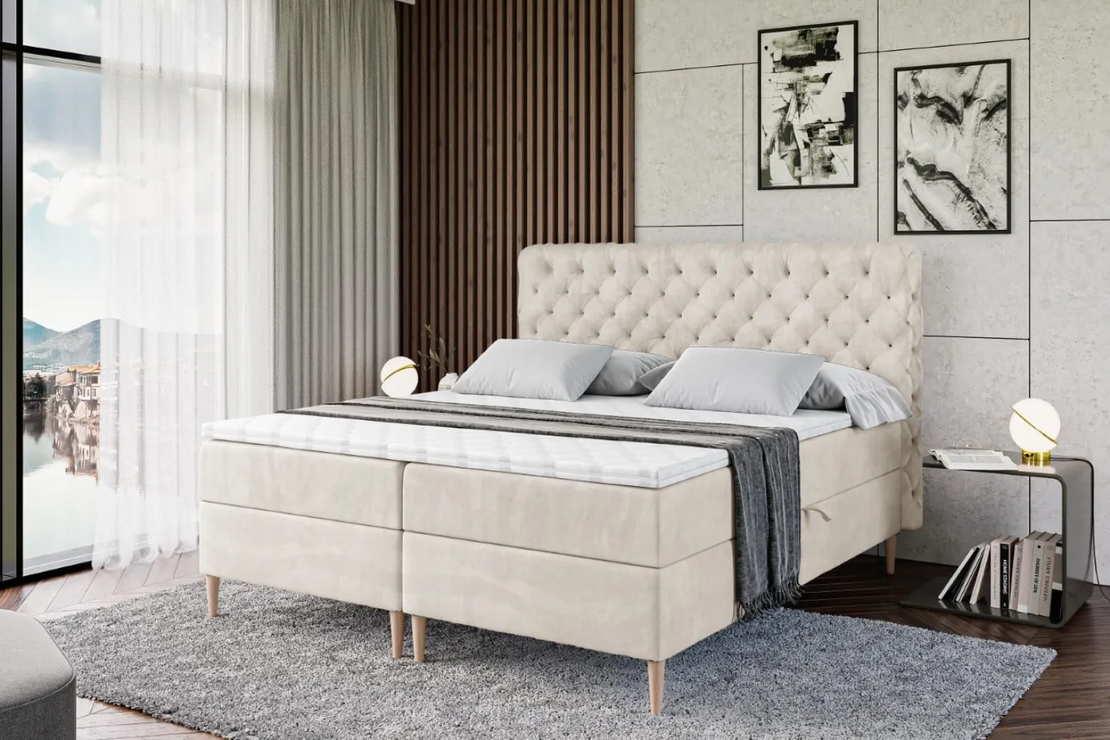 Łóżko kontynentalne z pojemnikiem, materacem i nóżkami BOXI8-FD 120x200 cm