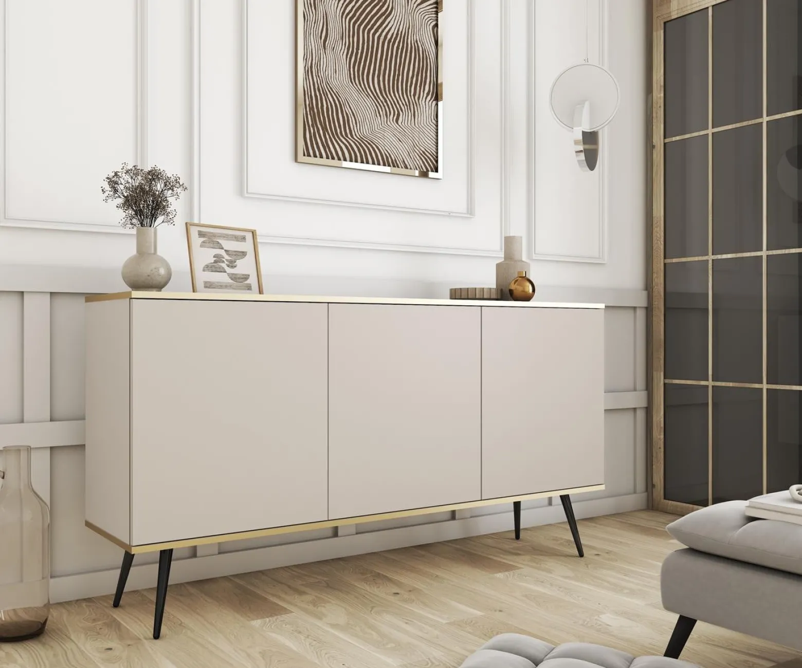 Komoda beżowa glamour do sypialni POLO ZŁOTA PODSTAWA