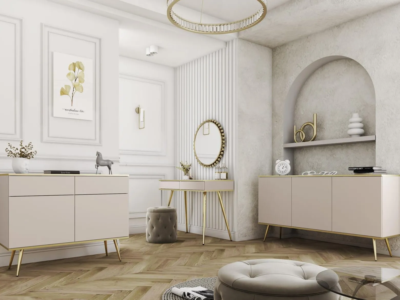 Komoda beżowa glamour do sypialni POLO ZŁOTA PODSTAWA