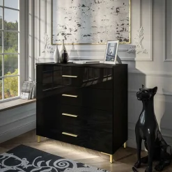 Komoda LINA GOLD złote uchwyty / nóżki czarny połysk LED