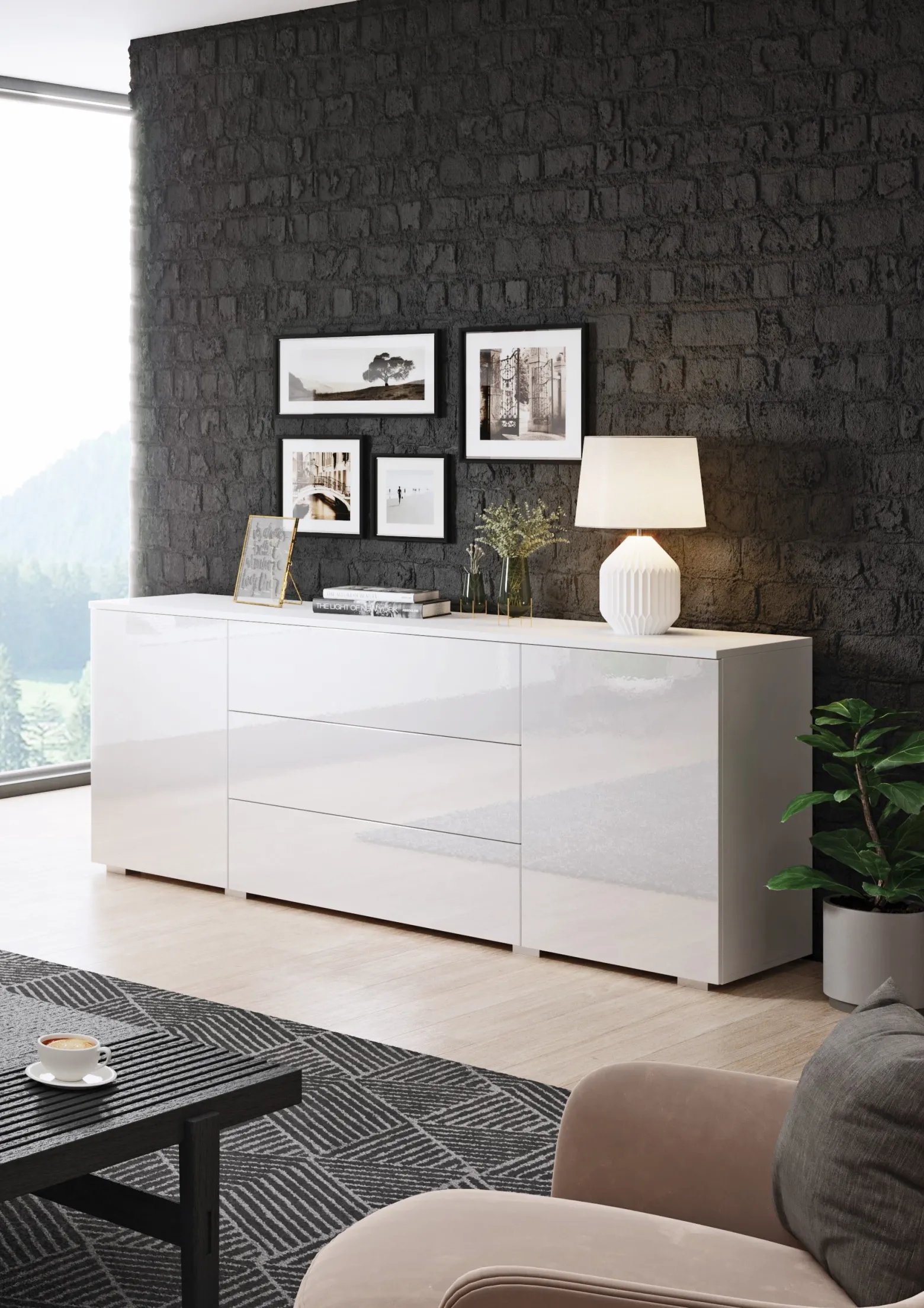 Komoda PARMA 150 cm, biały/biały połysk
