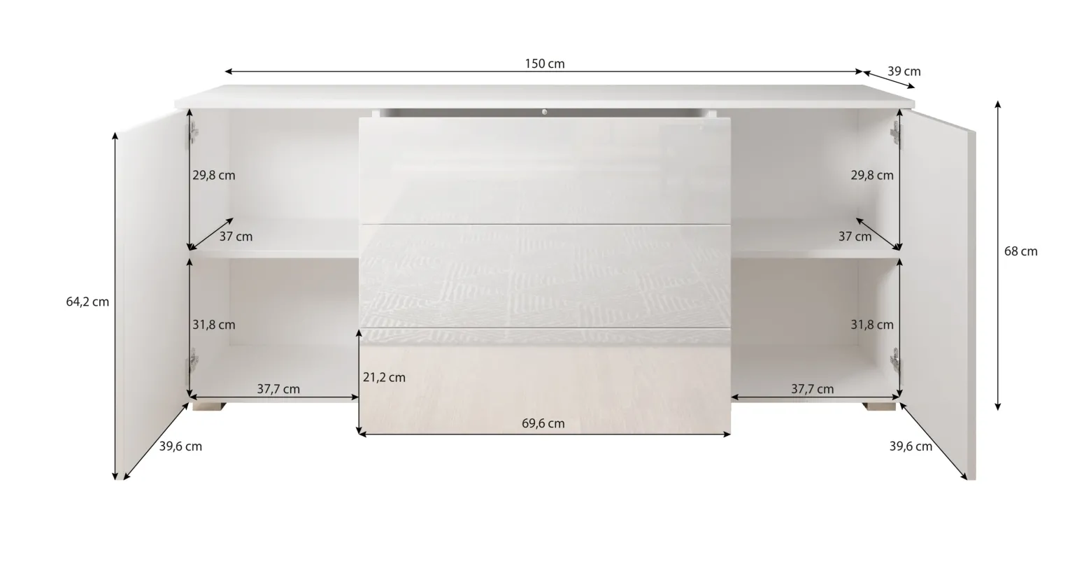 Komoda PARMA 150 cm, biały/biały połysk