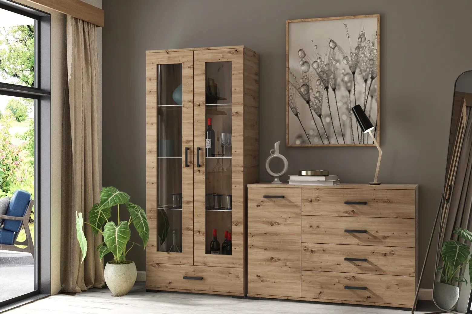 Komoda wysoka 80 cm do salonu FIORA dąb artisan