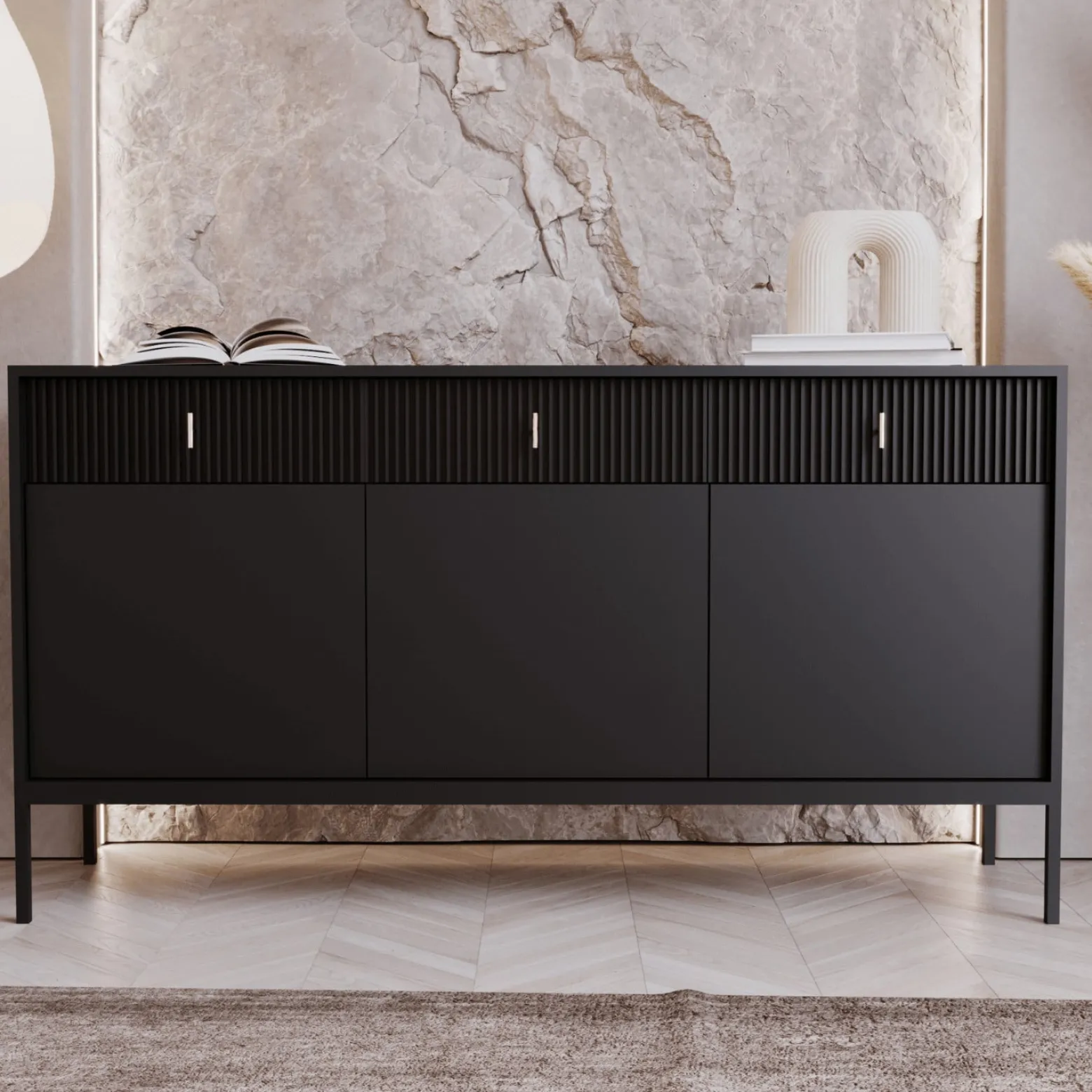 Komoda z Szufladami Duża Do Salonu Sypialni Ryflowana MARCOS Czarna