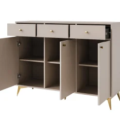 KONSIMO FLOREN Szeroka komoda 124 cm do salonu na złotych nóżkach