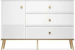 KONSIMO ISORIA Elegancka komoda 120 cm biały połysk, złote elementy glamour
