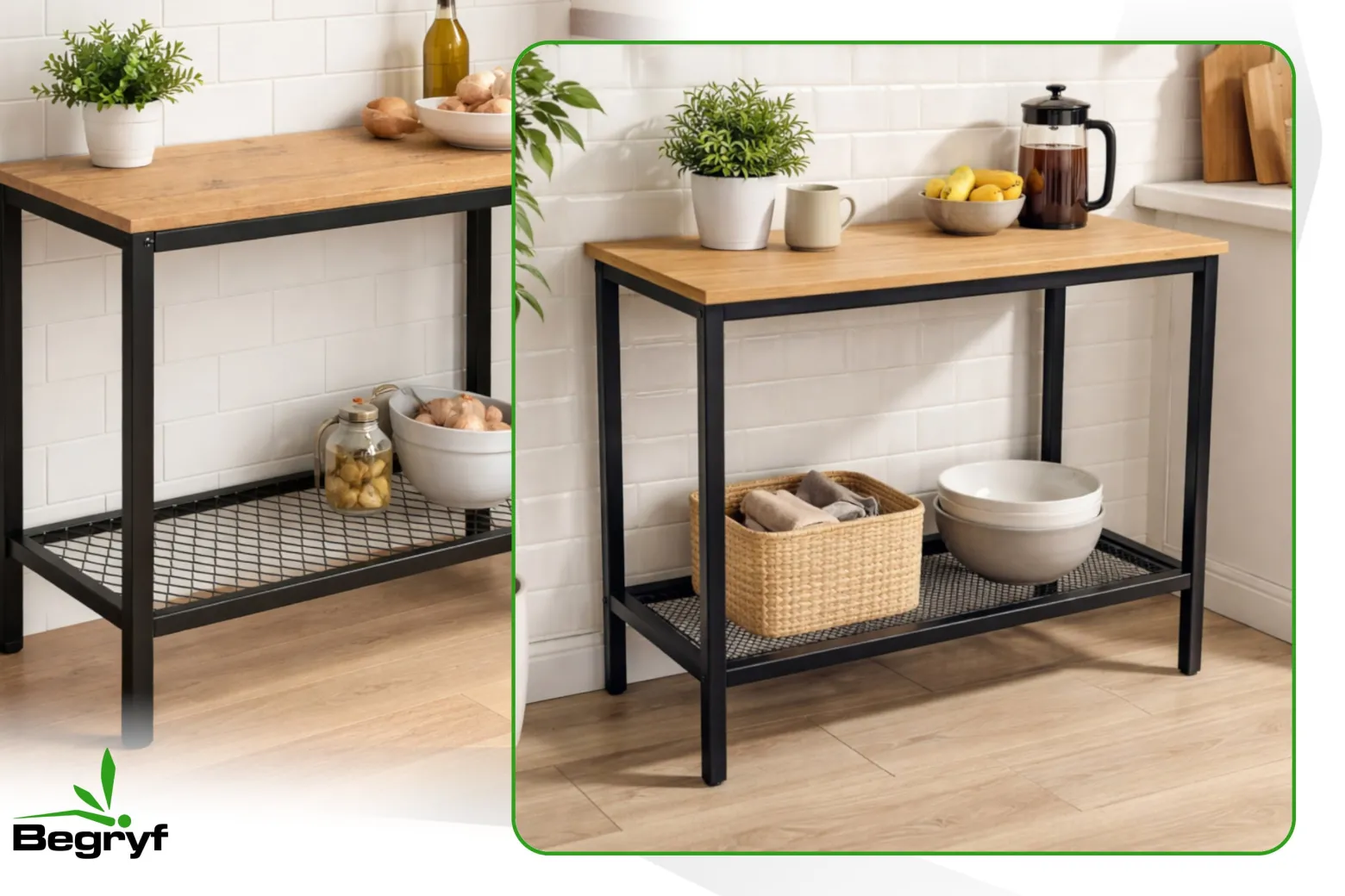 Konsola loft stolik pomocniczy dąb czarny metal półka do przedpokoju BEGRYF