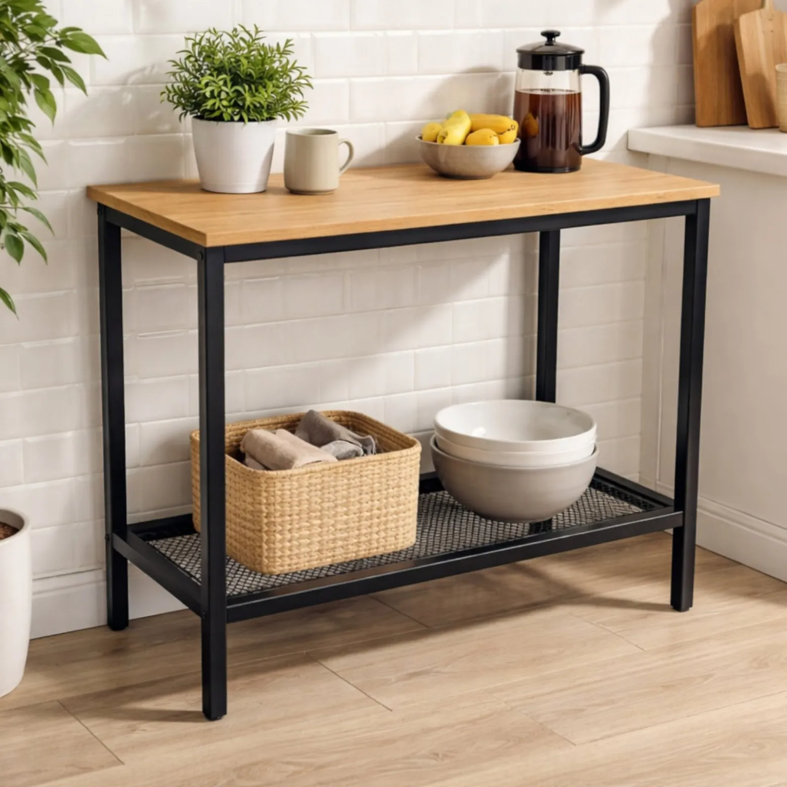 Konsola loft stolik pomocniczy dąb czarny metal półka do przedpokoju BEGRYF
