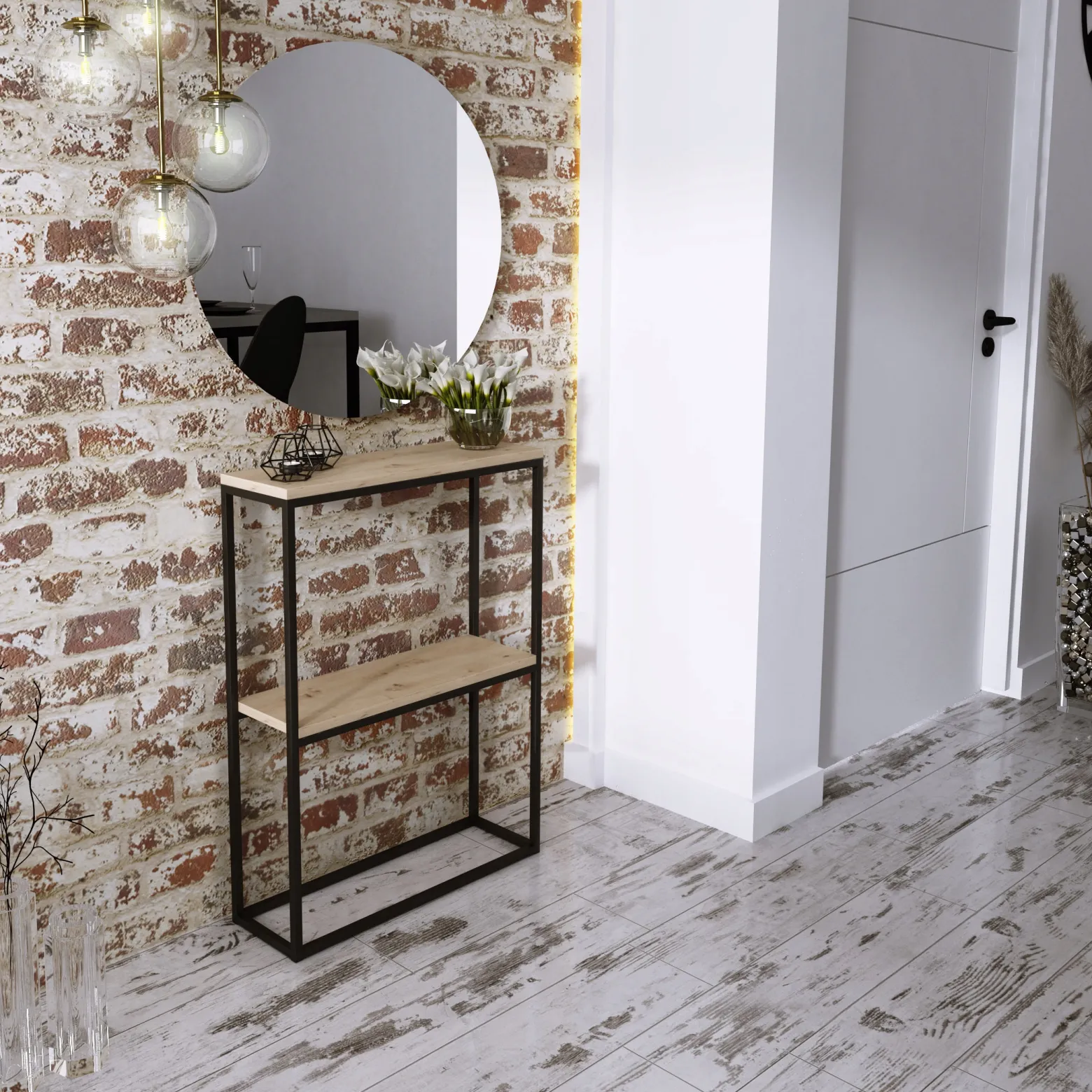 Konsola Podwójna Z Półką Przedpokój Loft 60x20h80 Czarna+Blat Dąb Artisan