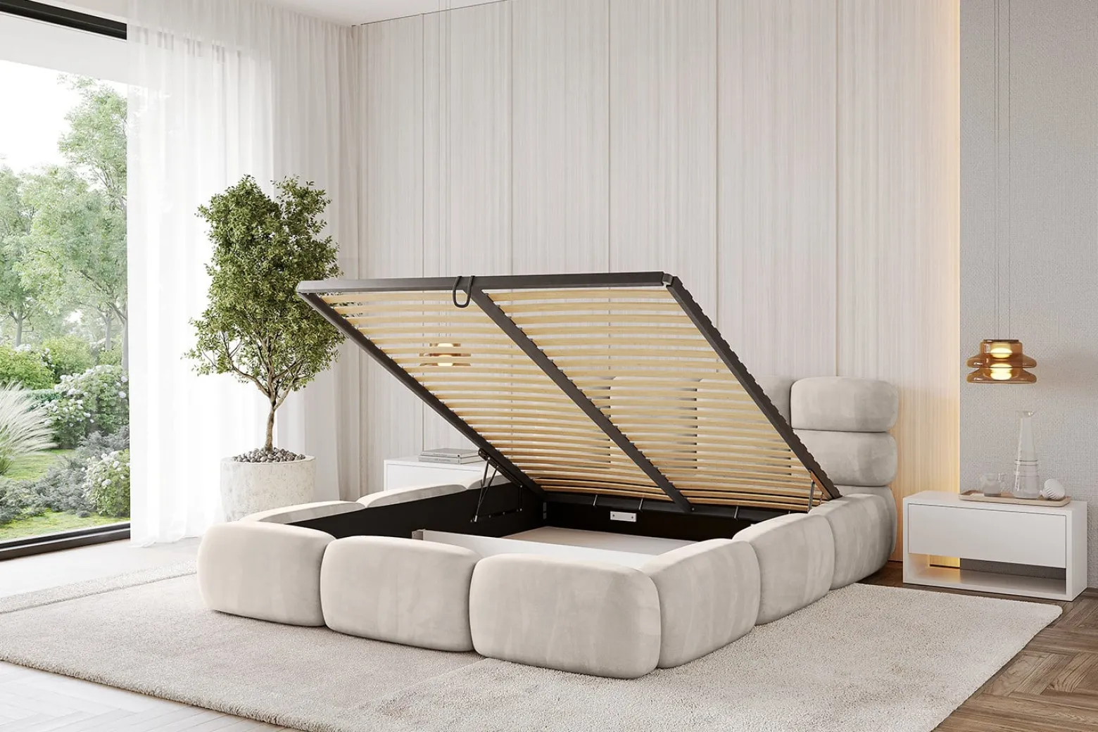 Łóżko tapicerowane bez materaca + pojemnik NOMA-v1 - 120x200 cm Beżowy