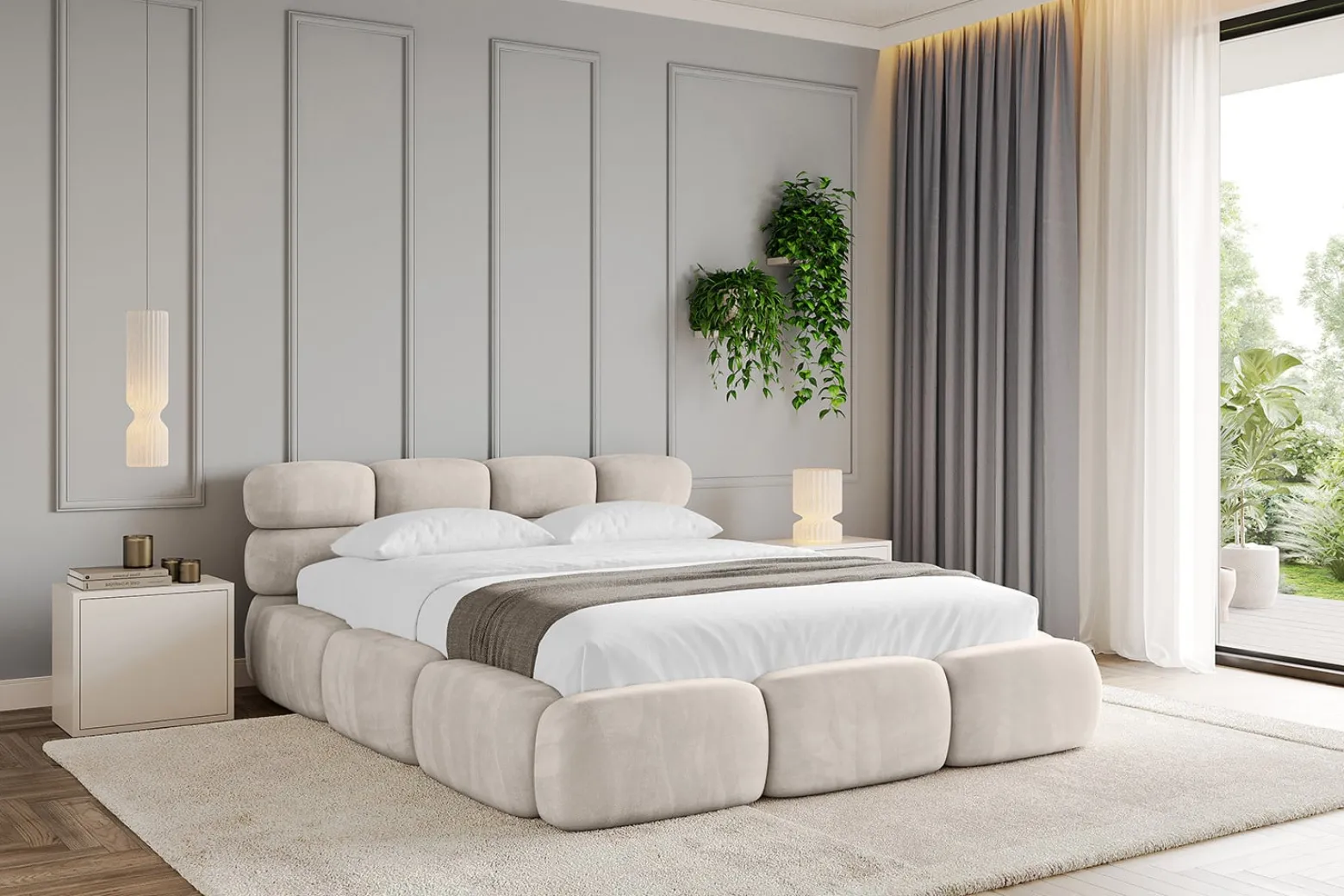 Łóżko tapicerowane bez materaca + pojemnik NOMA-v1 - 120x200 cm Beżowy