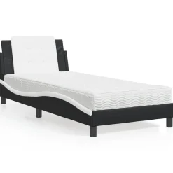 Łóżko Tapicerowane z Materacem Czarno Białe Ekoskóra do Sypialni 90x190 cm