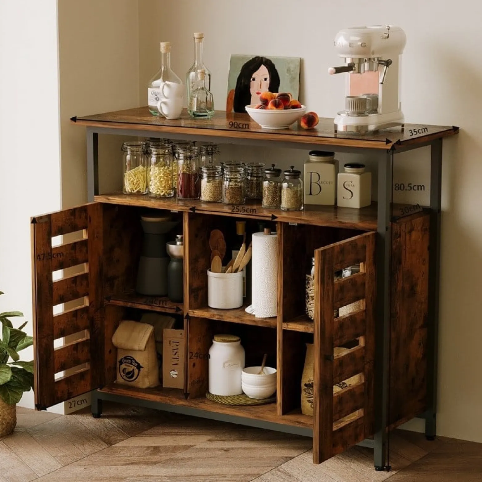 Kredens szafka boczna z otwartymi półkami komoda brązowa kuchnia retro loft