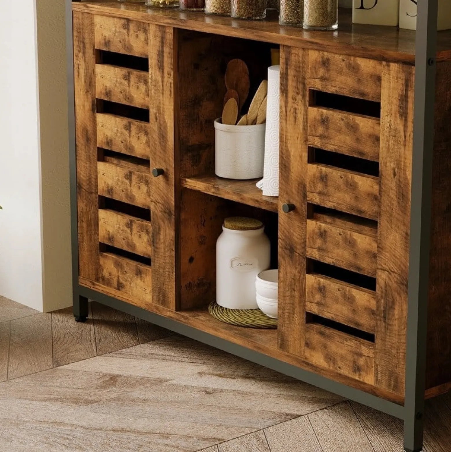 Kredens szafka boczna z otwartymi półkami komoda brązowa kuchnia retro loft
