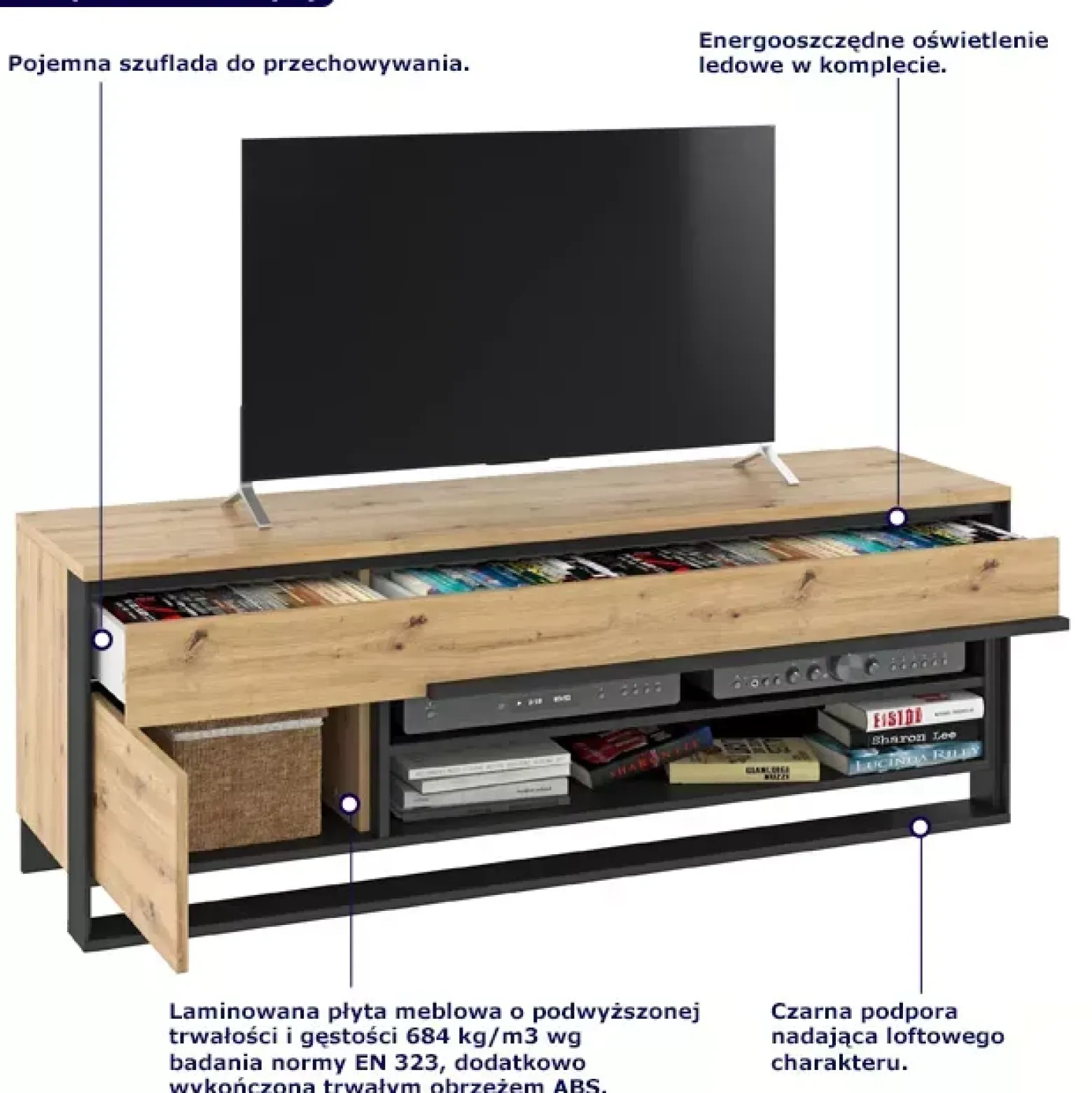 Loftowa szafka pod telewizor dąb artisan - Rivon