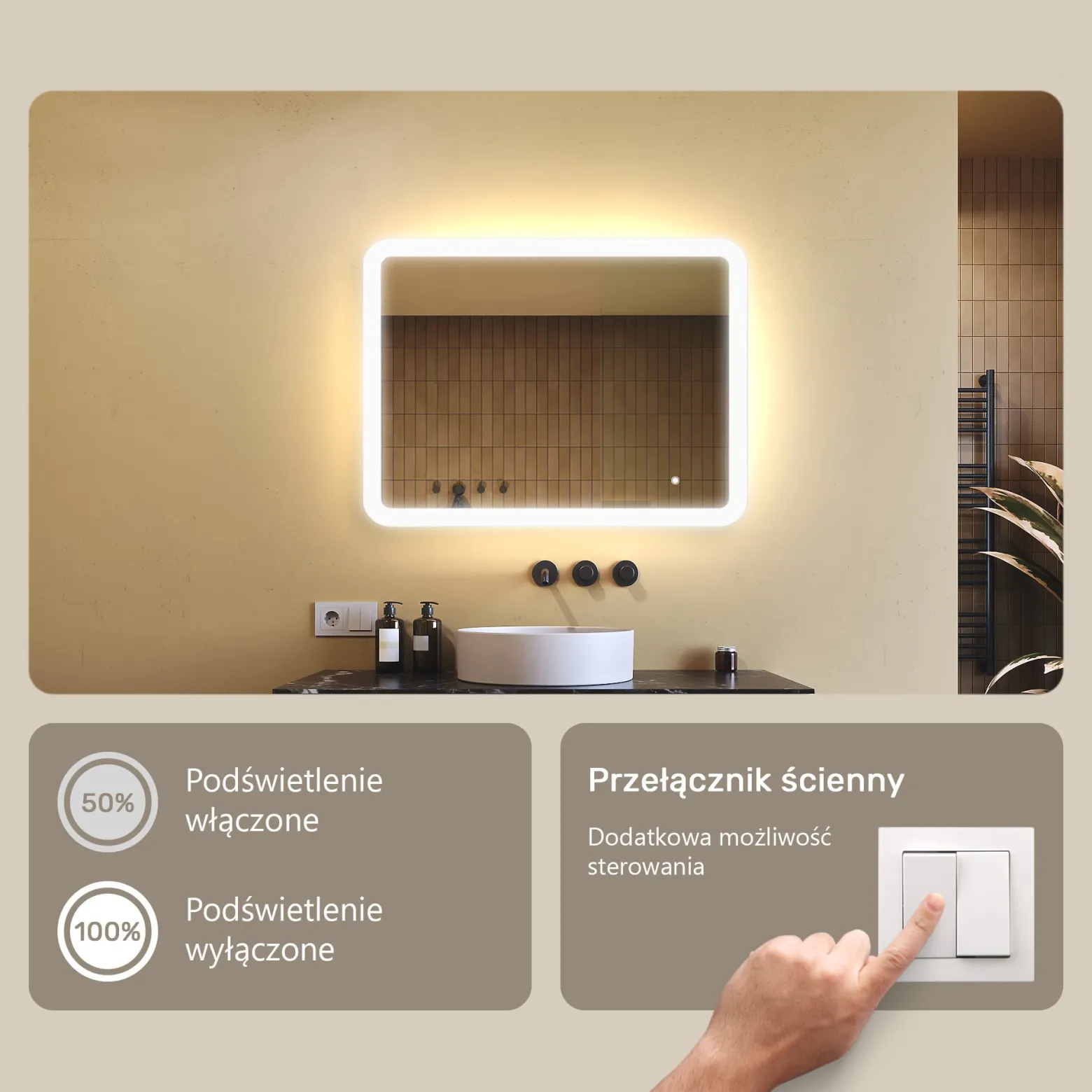 Lustro łazienkowe LED 80x60cm - zaokrąglone - LED Dual, włącznik