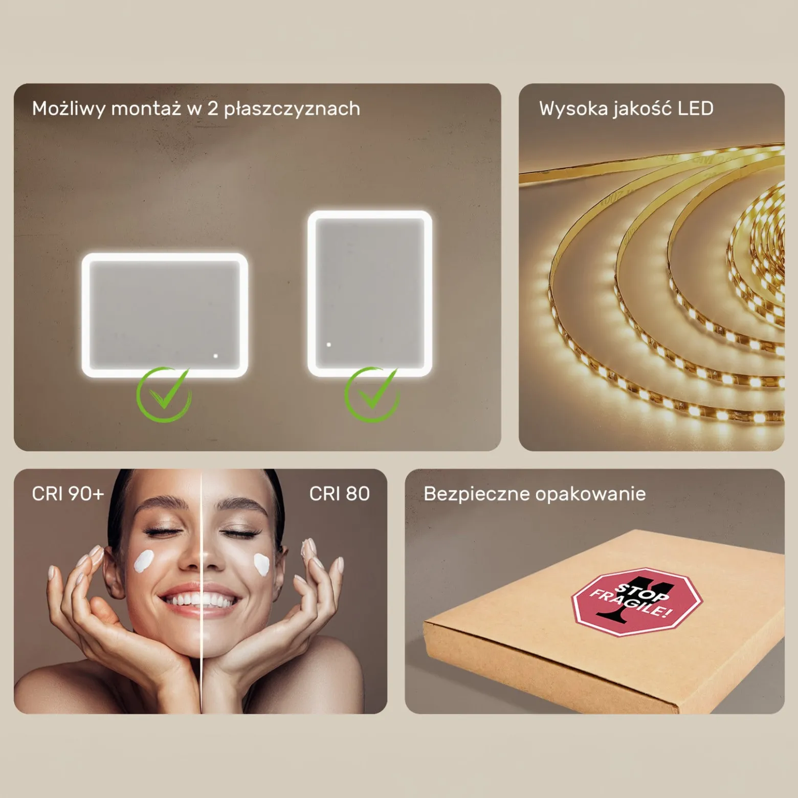 Lustro łazienkowe LED 80x60cm - zaokrąglone - LED Dual, włącznik