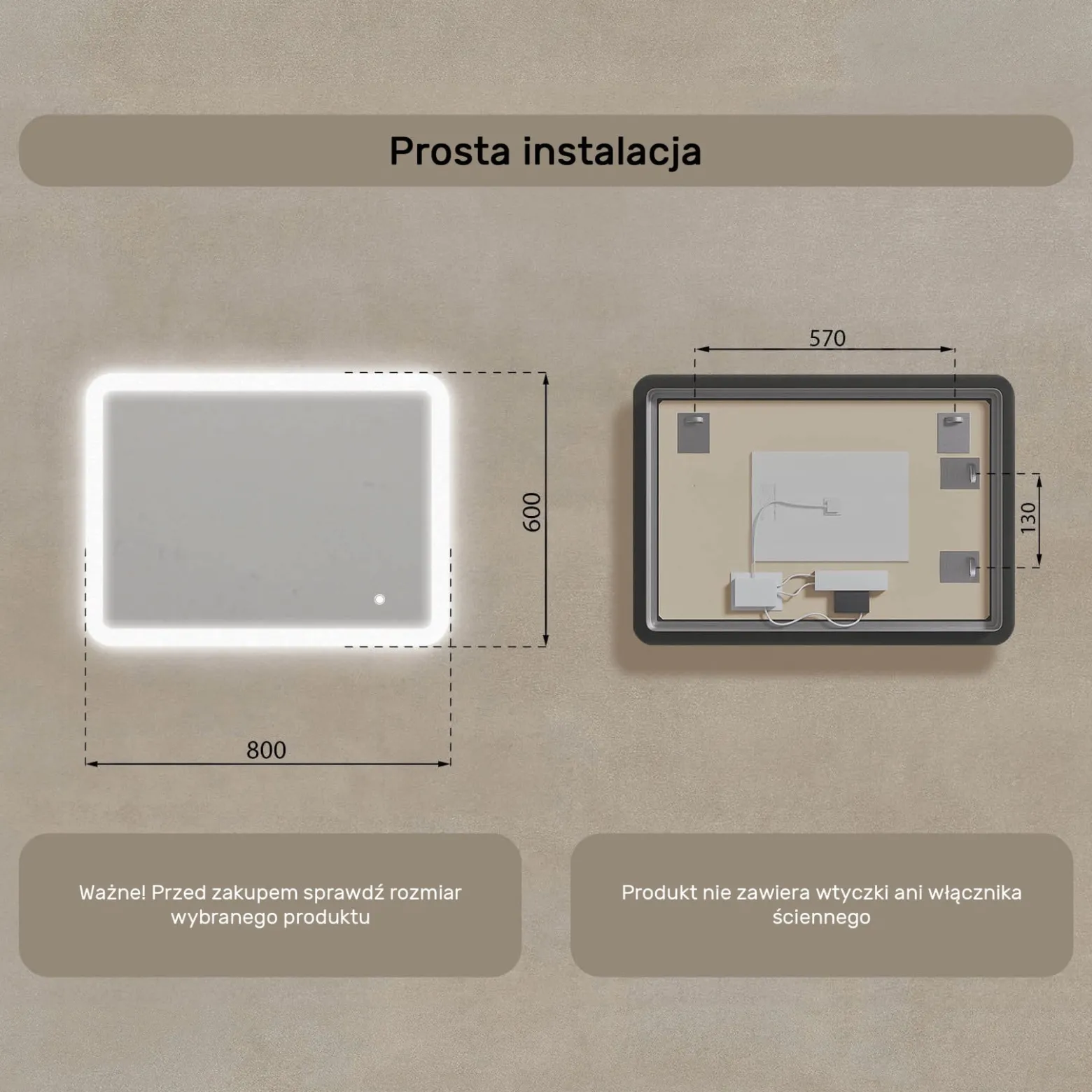 Lustro łazienkowe LED 80x60cm - zaokrąglone - LED Dual, włącznik