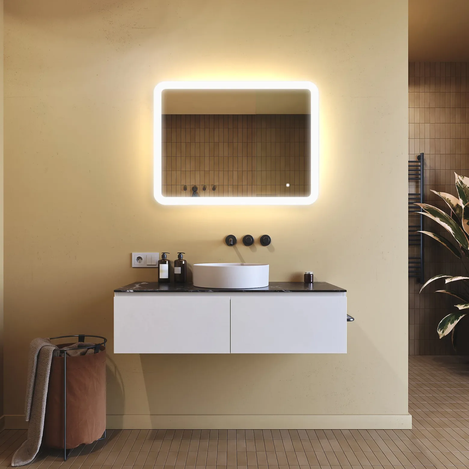 Lustro łazienkowe LED 80x60cm - zaokrąglone - LED Dual, włącznik