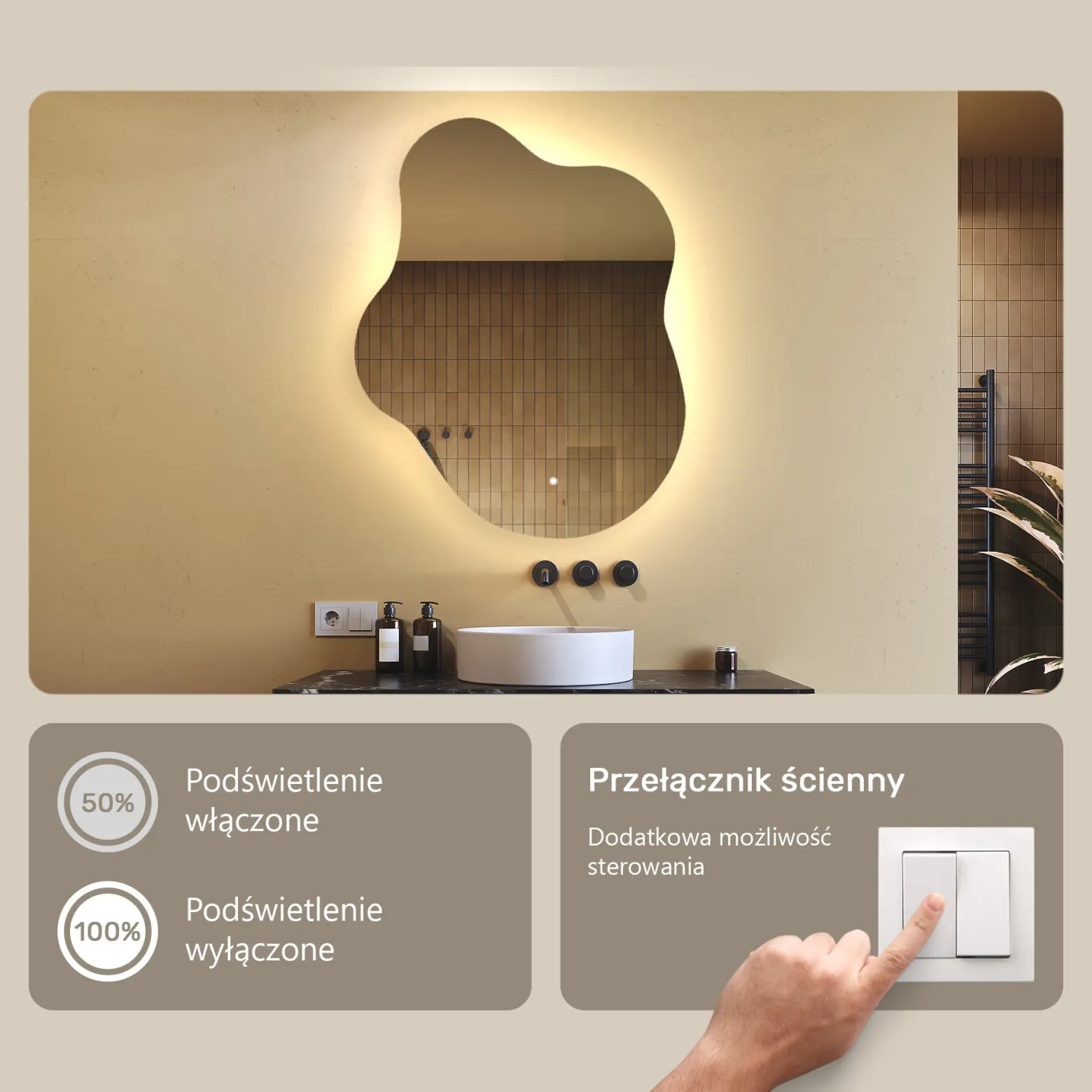 Lustro łazienkowe LED 74x94cm - nieregularne - LED Dual, włącznik