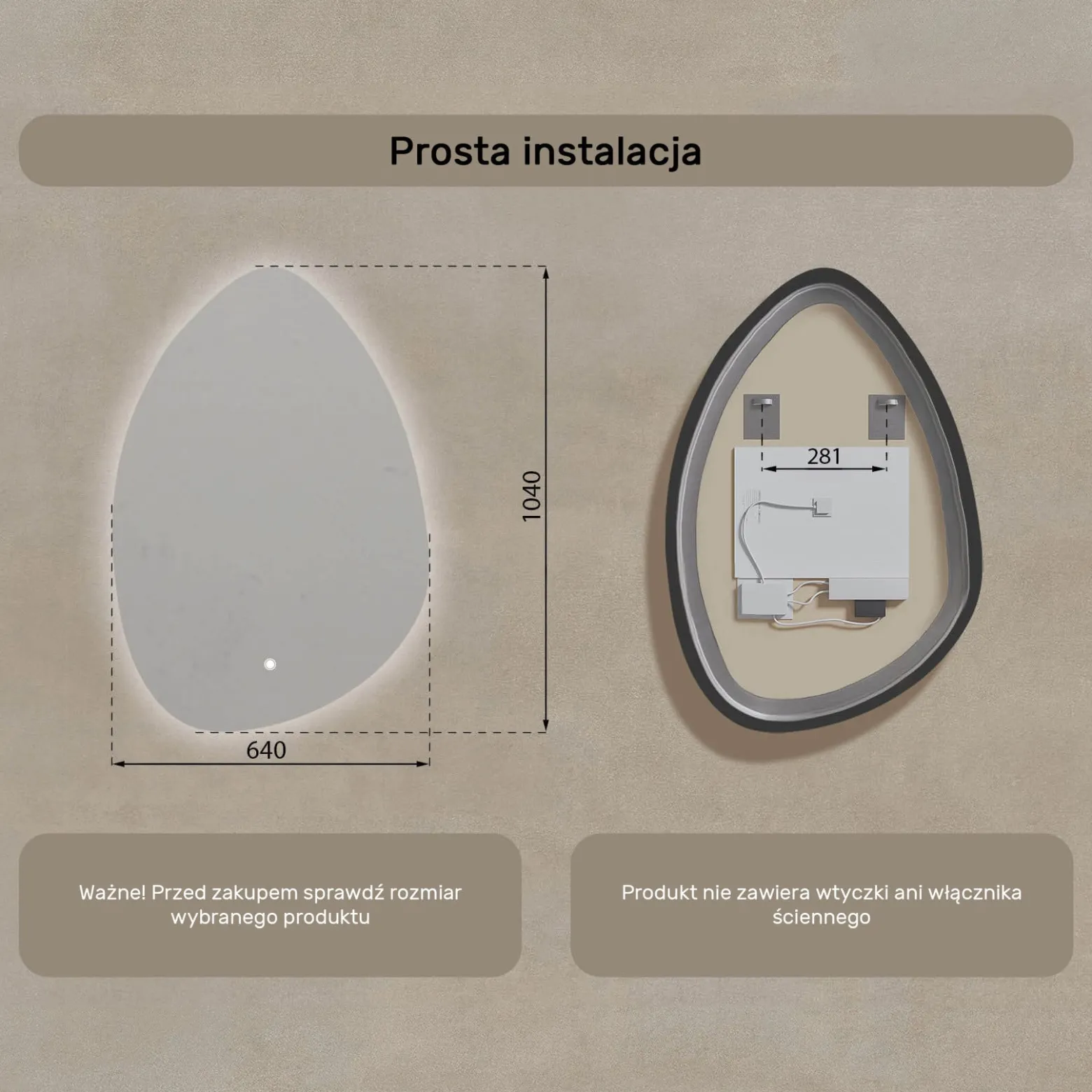 Lustro łazienkowe LED 64x94cm - nieregularne - LED Dual, włącznik