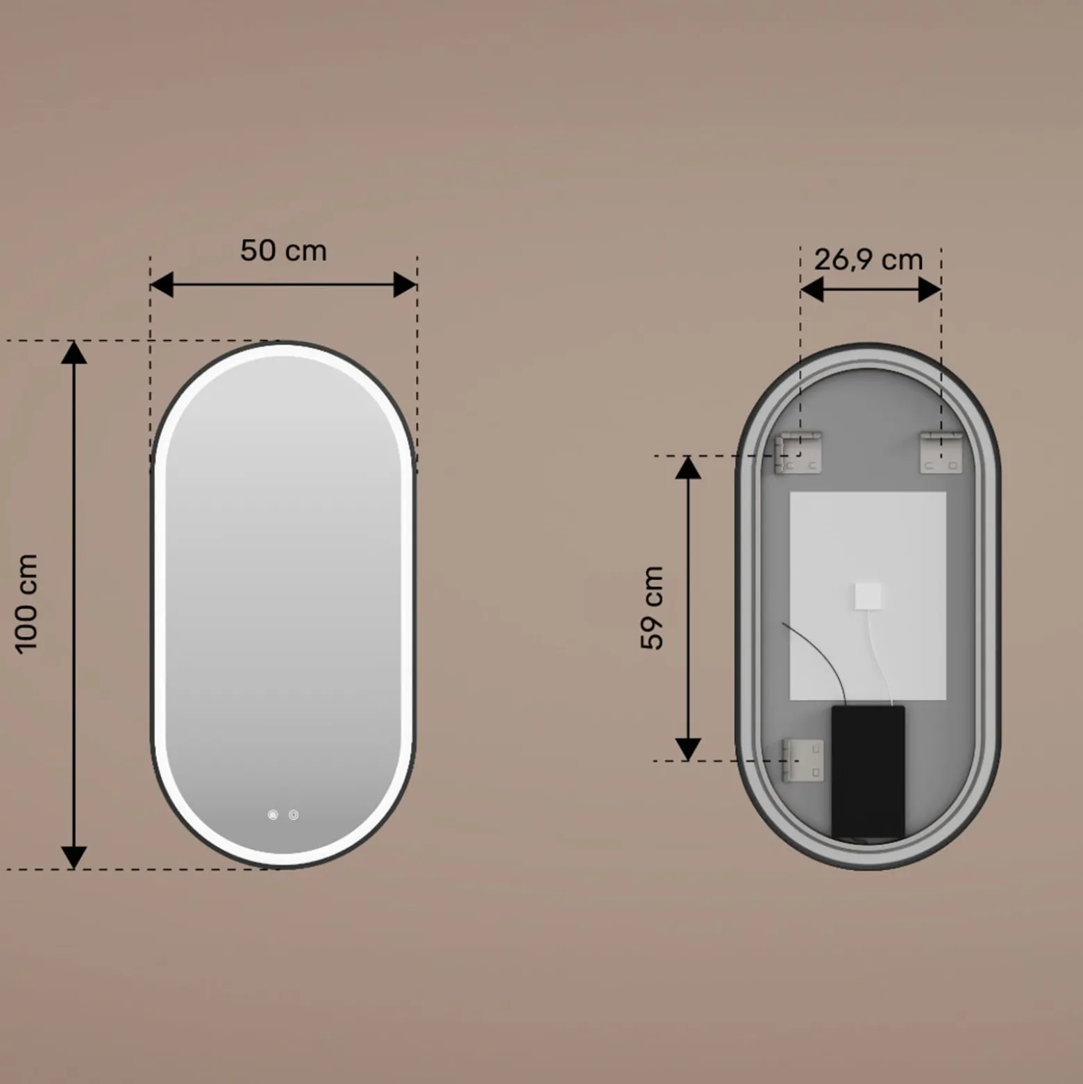 Lustro łazienkowe 50x100 srebro szczotkowane LED dotyk + mata owalne