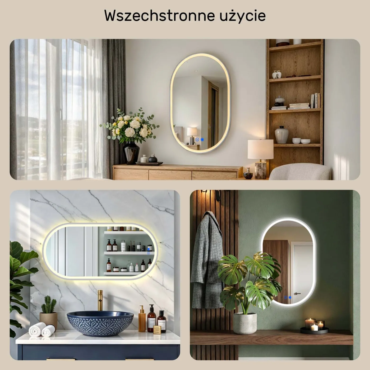 Lustro łazienkowe 50x100 srebro szczotkowane LED dotyk + mata owalne