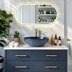 Lustro łazienkowe 50x100 srebro szczotkowane LED dotyk + mata owalne