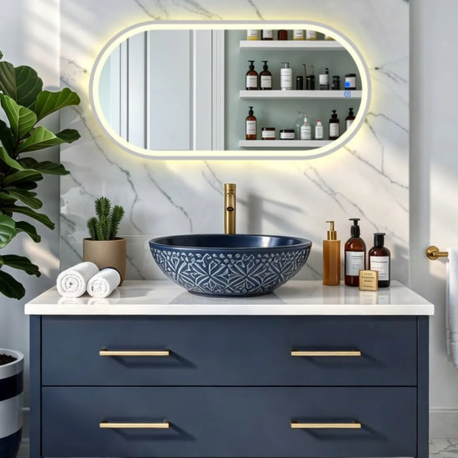 Lustro łazienkowe 50x100 srebro szczotkowane LED dotyk + mata owalne