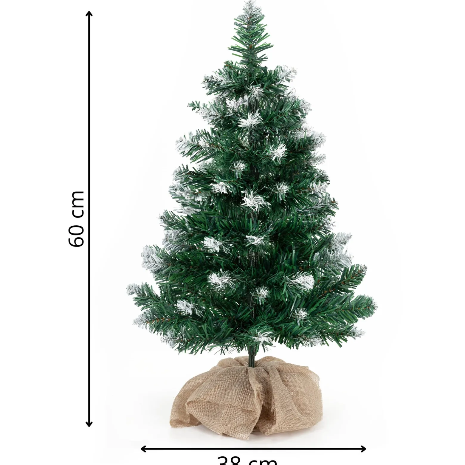 Mała choinka sztuczna 60 cm sosna ośnieżona z jutą na biurko mini ozdoba