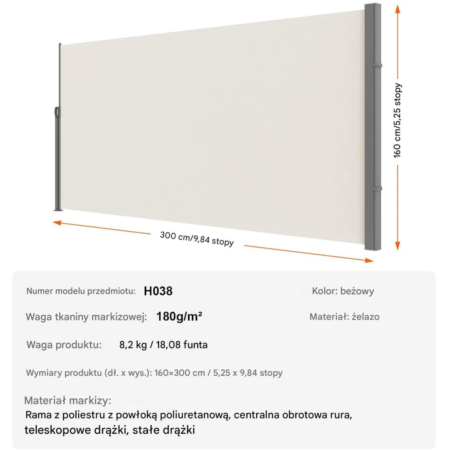 Markiza boczna parawan osłona na taras roleta przeciwsłoneczna 160 x 300 cm