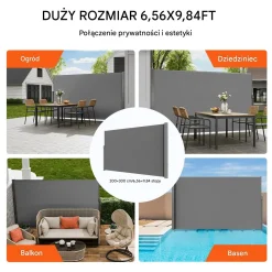 Markiza boczna parawan szara na taras roleta przeciwsłoneczna 180 x 350 cm