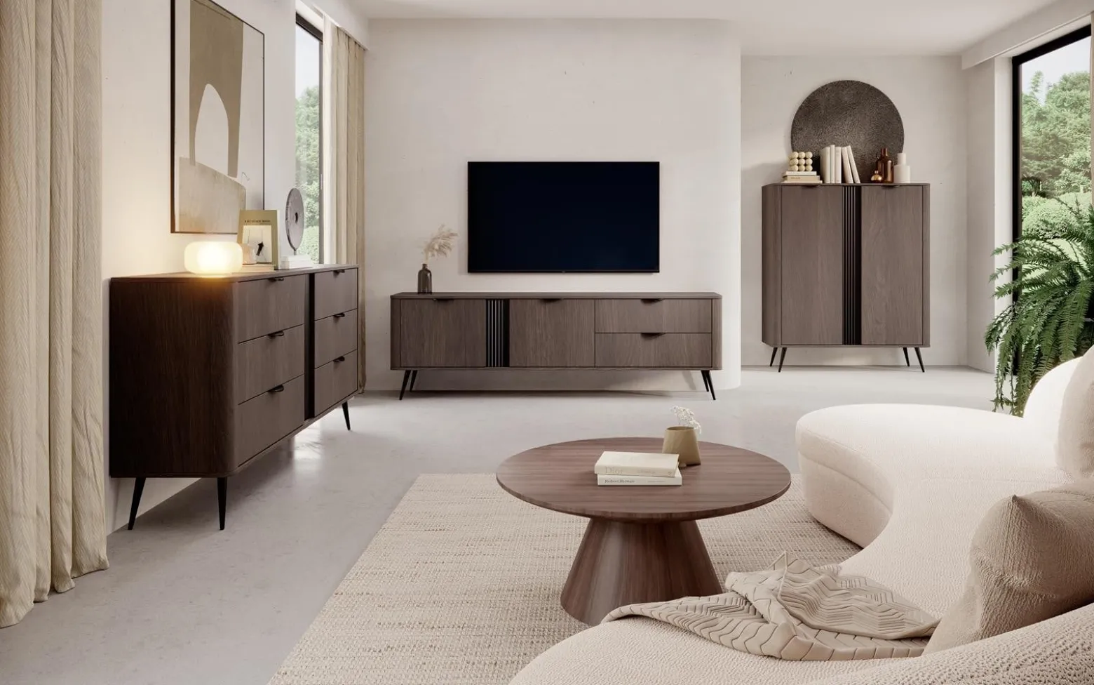 Minimalistyczna szeroka komoda w stylu japandi z szufladami MONACO