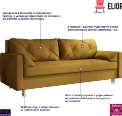 Musztardowa sofa rozkładana z pojemnikiem na pościel - Elvian