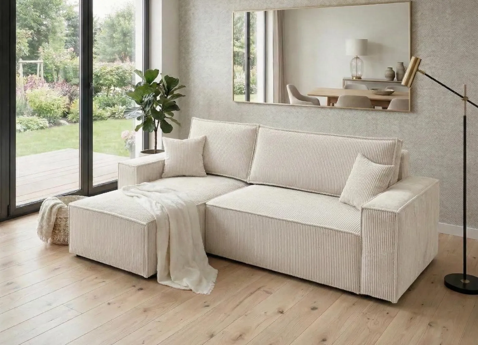 Narożnik Sztruksowy Beżowy 244x145 Rozkładany Monte