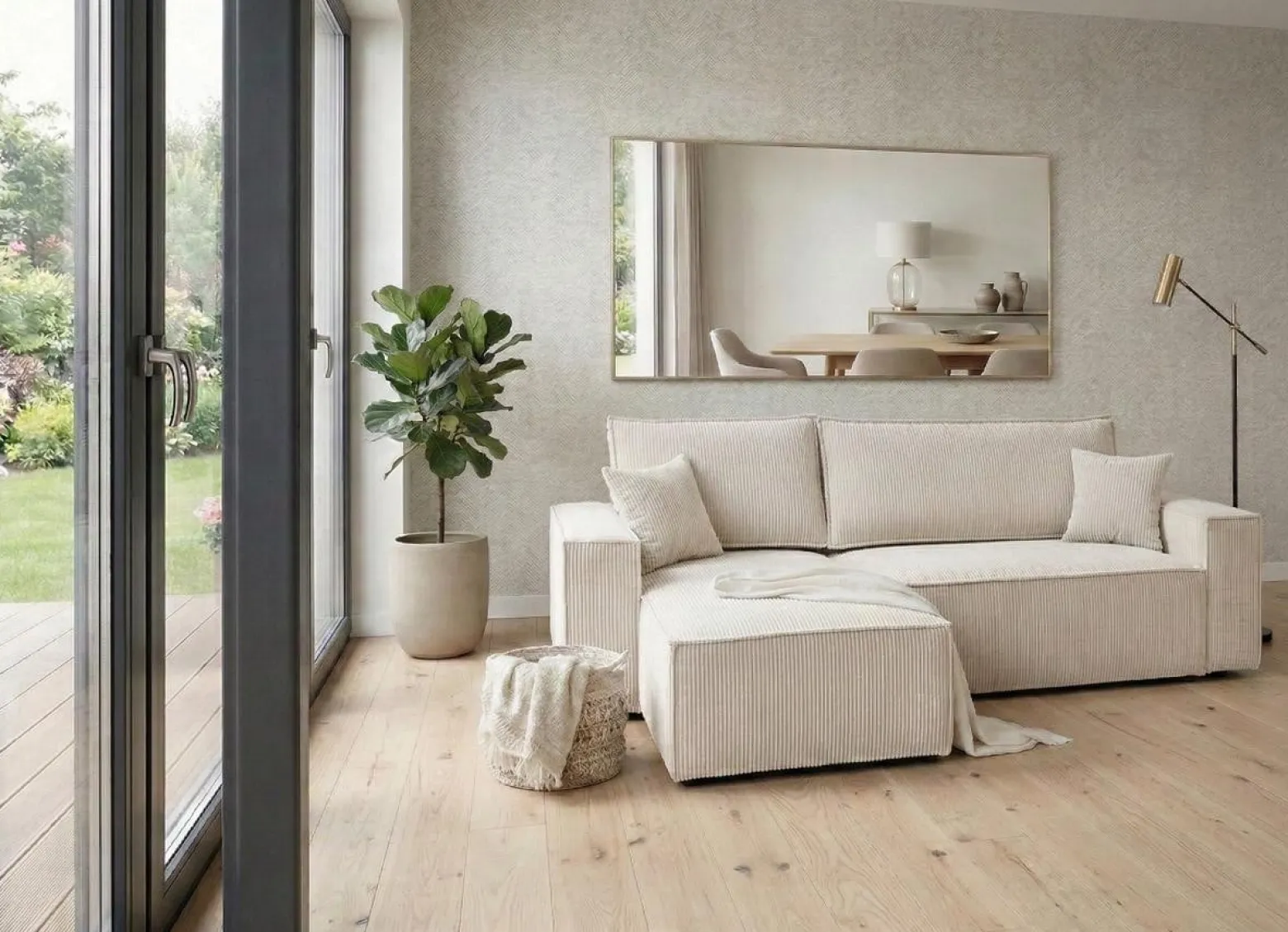 Narożnik Sztruksowy Beżowy 244x145 Rozkładany Monte
