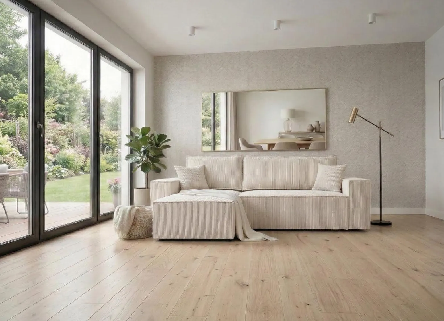 Narożnik Sztruksowy Beżowy 244x145 Rozkładany Monte