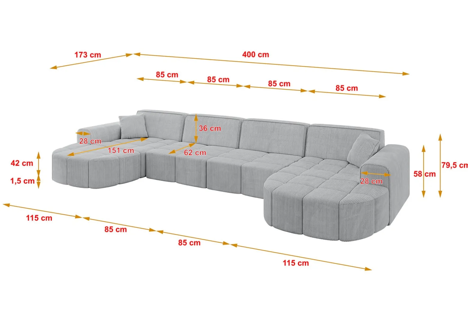 Narożnik uniwersalny bez funkcji spania LIVO-U1 - 400x173x79,5 Szary