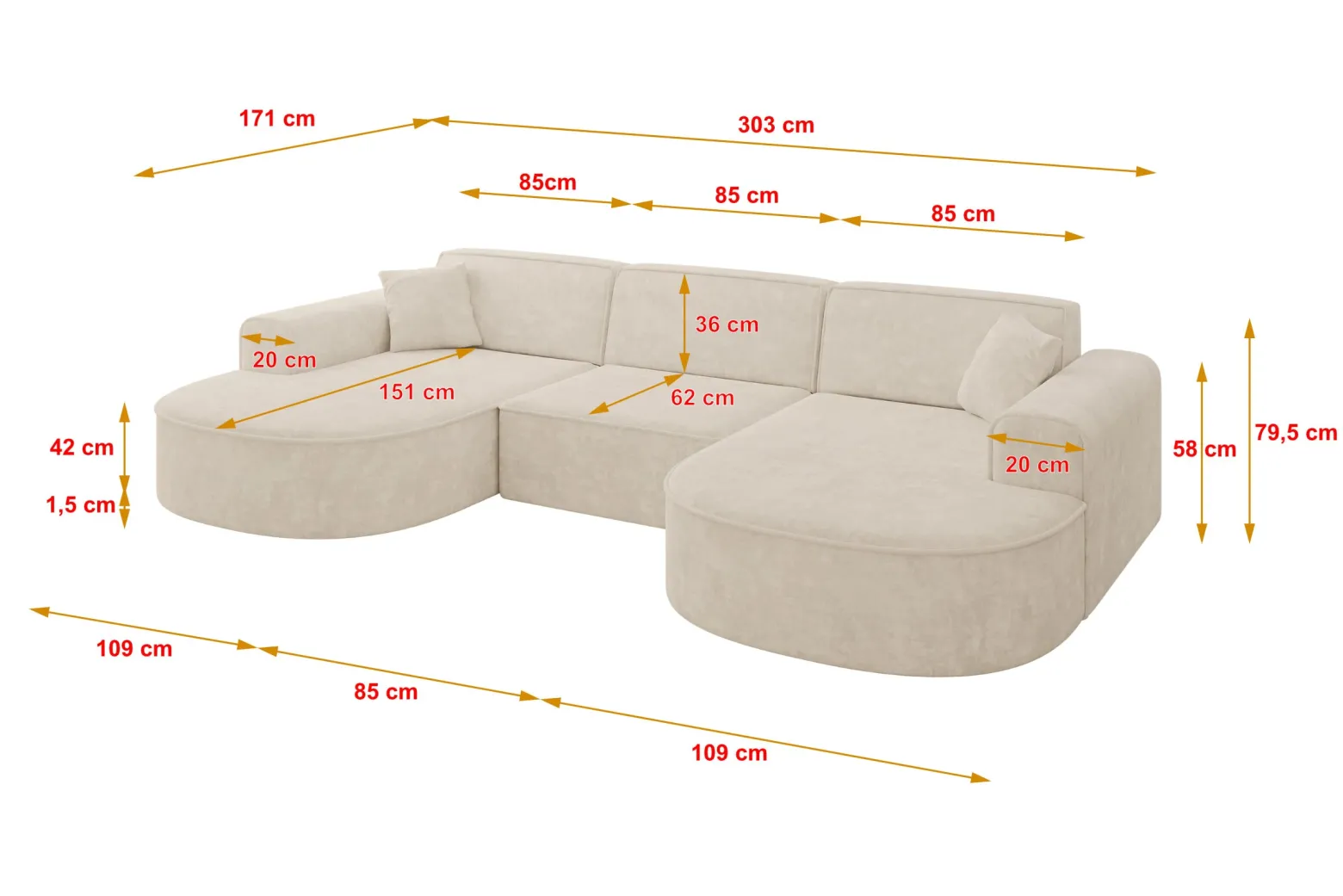 Narożnik uniwersalny bez funkcji spania MARI-U1 303x171x79,5 cm Beżowy