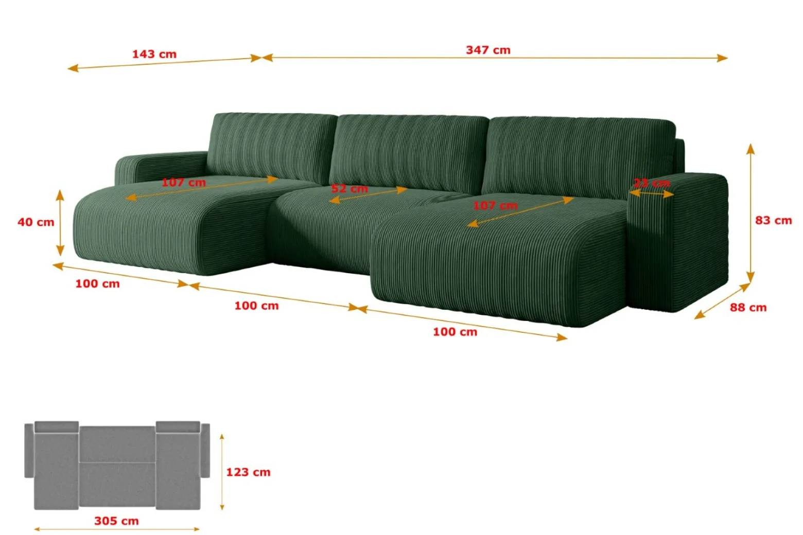 Narożnik z funkcją spania i pojemnikiem KLEEA-U - 347x143x83cm Zielony