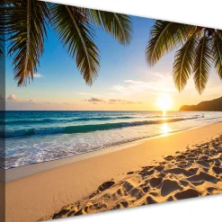 Obraz do salonu sypialni biura, Zachód słońca Plaża Palmy 30x20