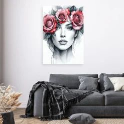 Obraz do salonu sypialni, Portret Kobieta z kwiatami róży na głowie 20x30