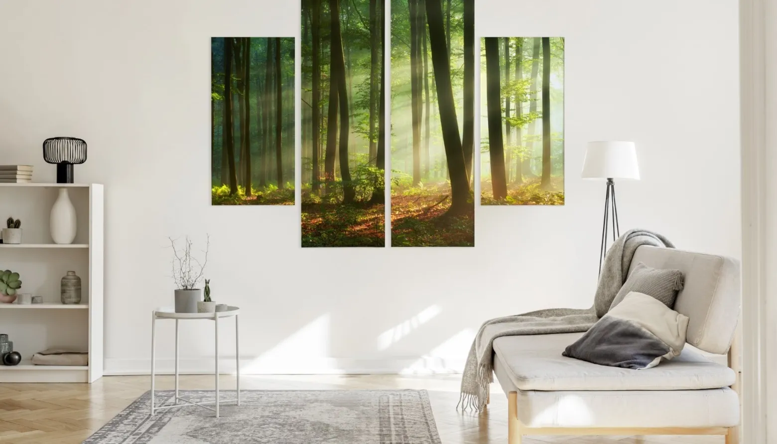 Obraz Tetraptyk Promienie słońca w lesie 80x60cm